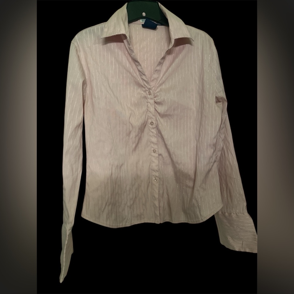 Pink and White Ruched Long Sleeve Button Down Shirt